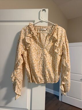 bishop + young Cream Blouse with Mustard Floral Print and Ruffles